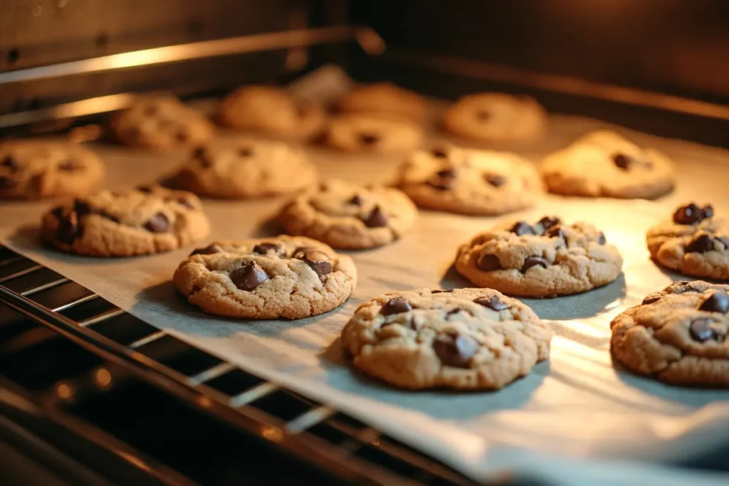 Fresh vegan oatmeal chocolate chip cookies baking sheet