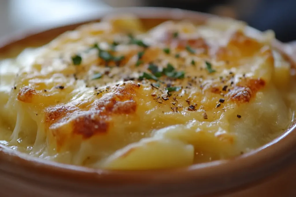 Close-up view of cheesy hamburger potato soup