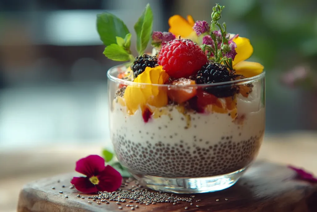 Glass jar with chocolate chia seed pudding