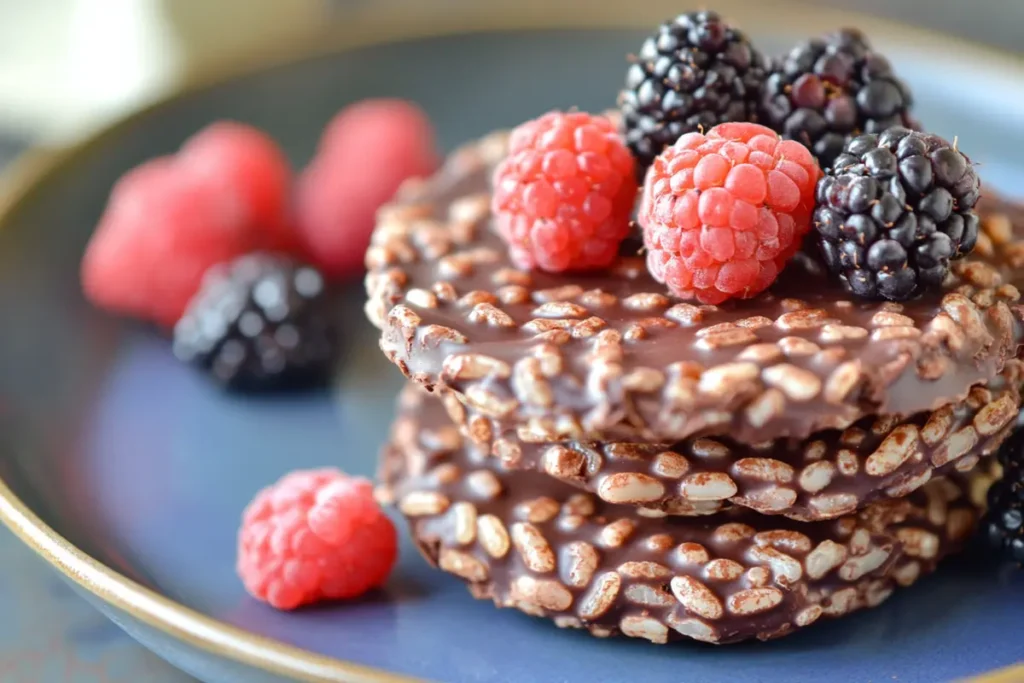 Close-up of chocolate rice cakes with berries.