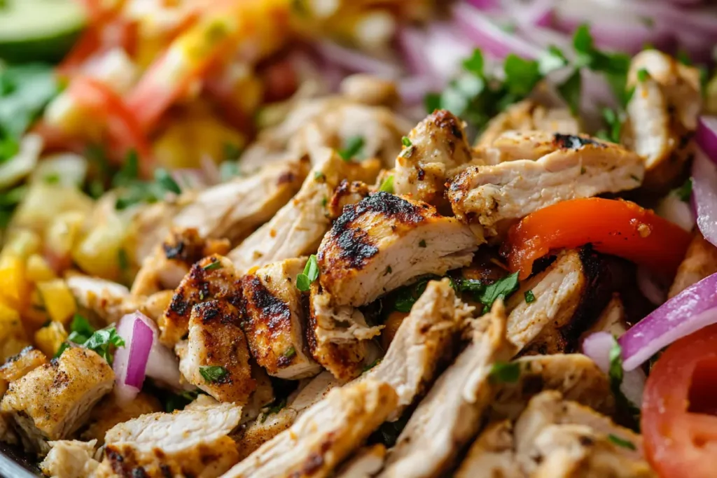 A close-up of a chicken shawarma bowl.