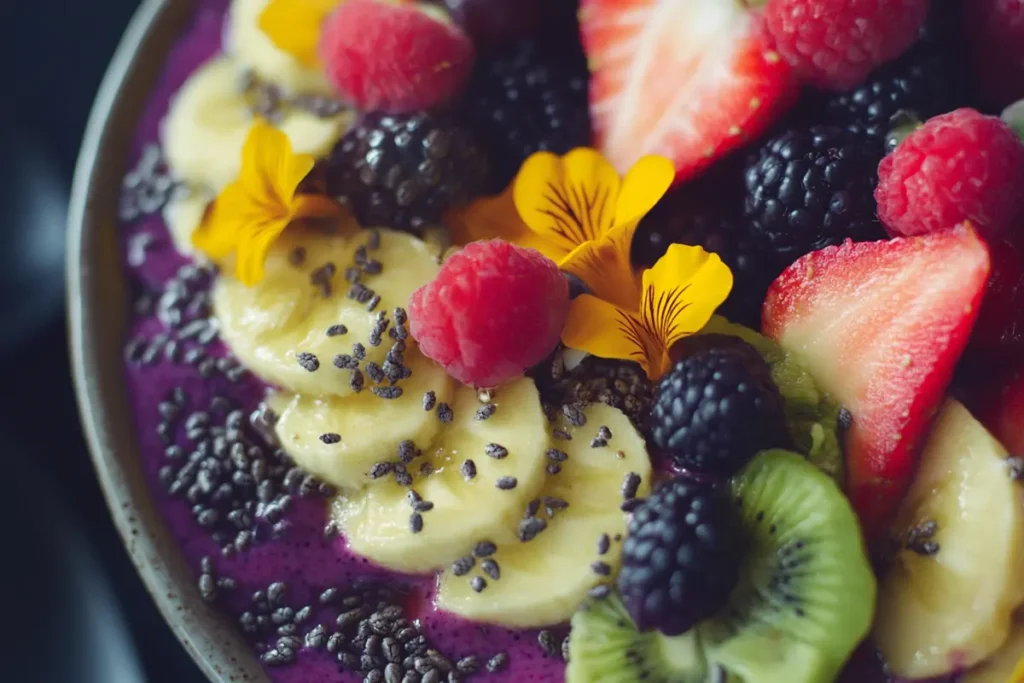 Tropical smoothie acai bowl close up