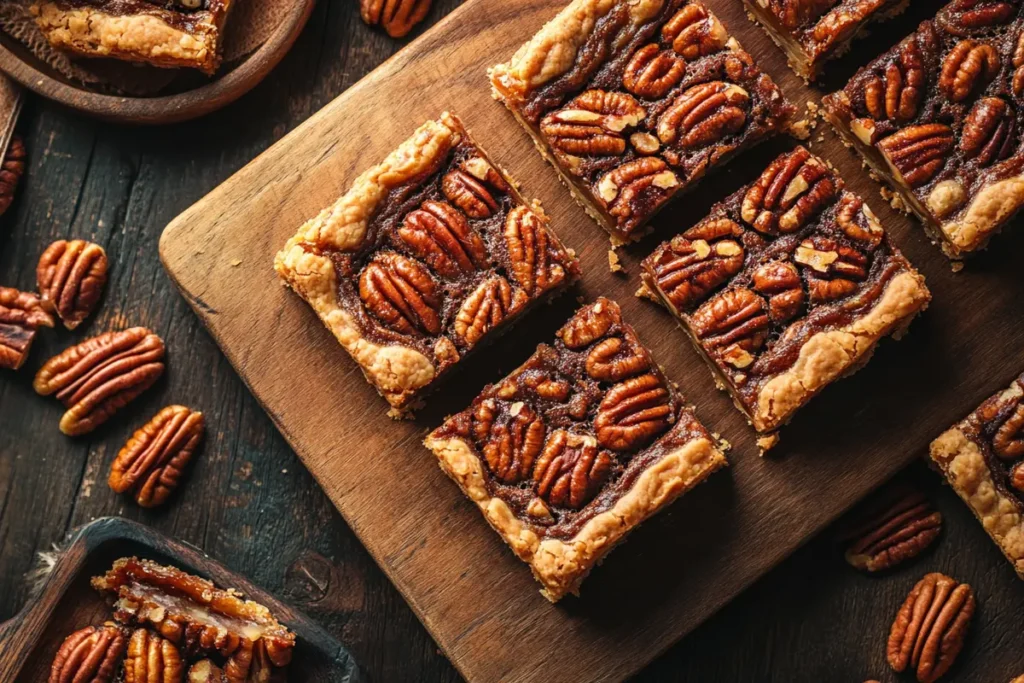 Easy pecan pie bars on a wooden board