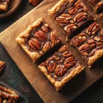 Easy pecan pie bars on a wooden board