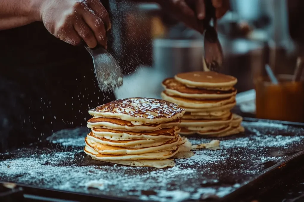 Perfectly golden bananas foster pancakes on a griddle