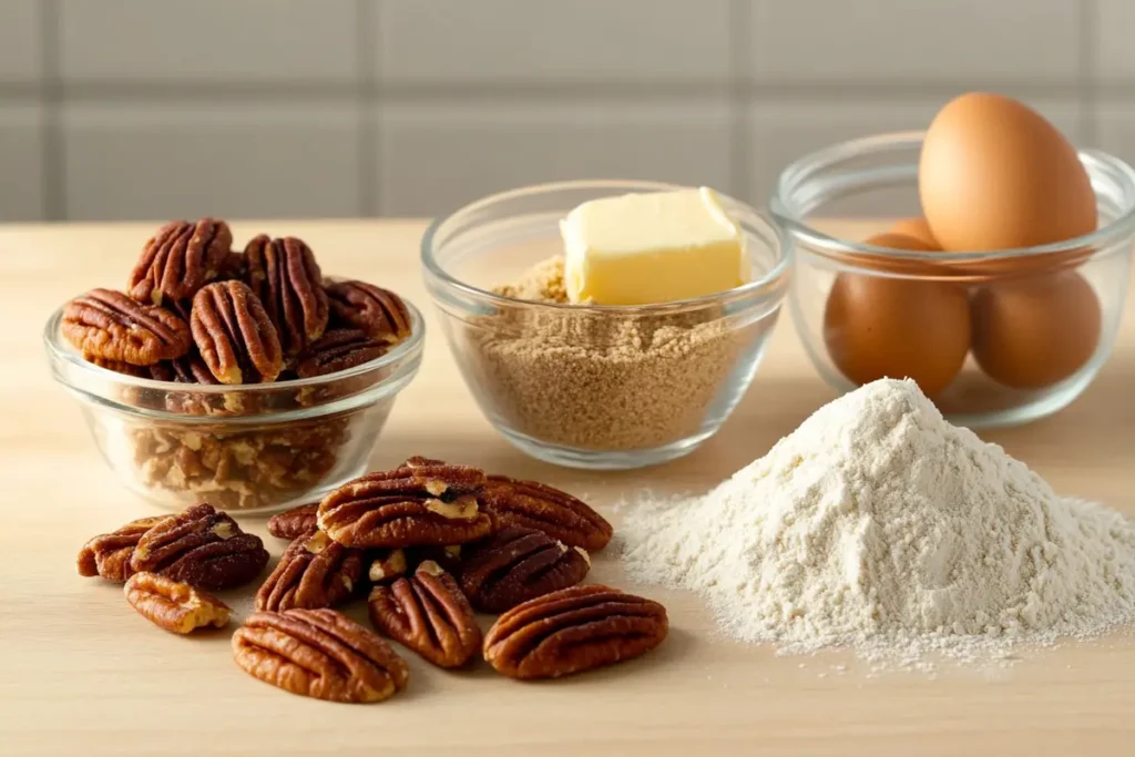 Close-up of easy pecan pie bars ingredients