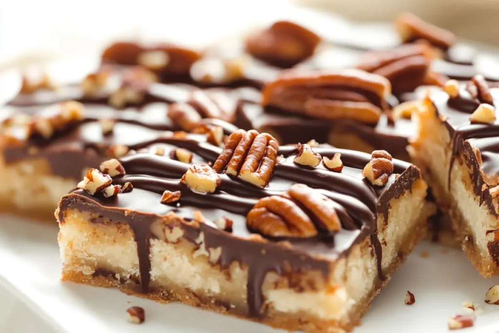 Easy pecan pie bars with chocolate.