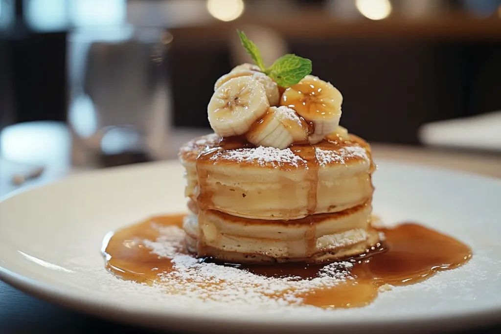 Bananas foster pancakes with ice cream and nuts topping