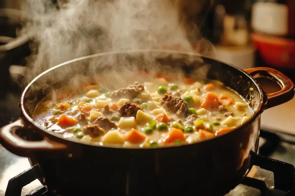 Cheesy hamburger potato soup in pot