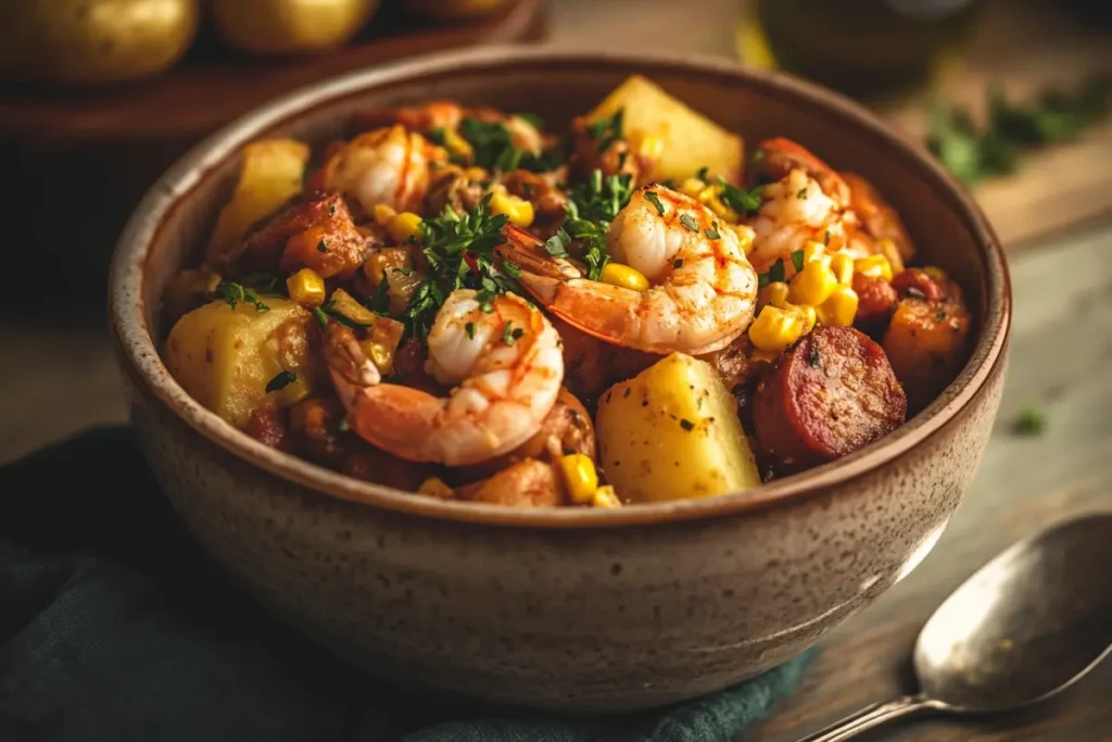 Bowl of corn, shrimp, potatoes, and sausage