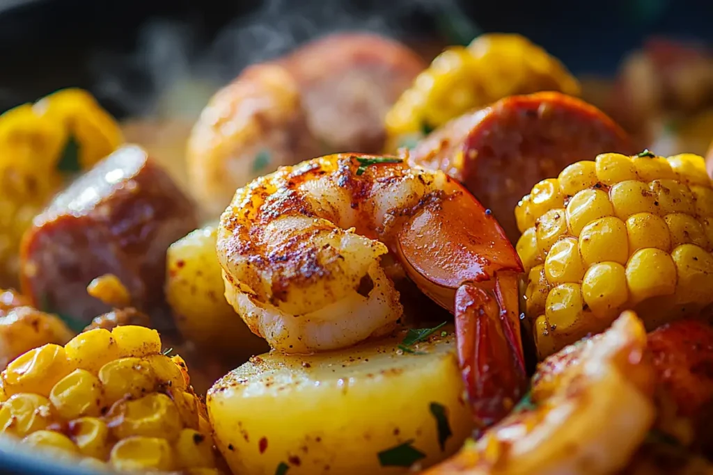 Close up corn, shrimp, potatoes, and sausage