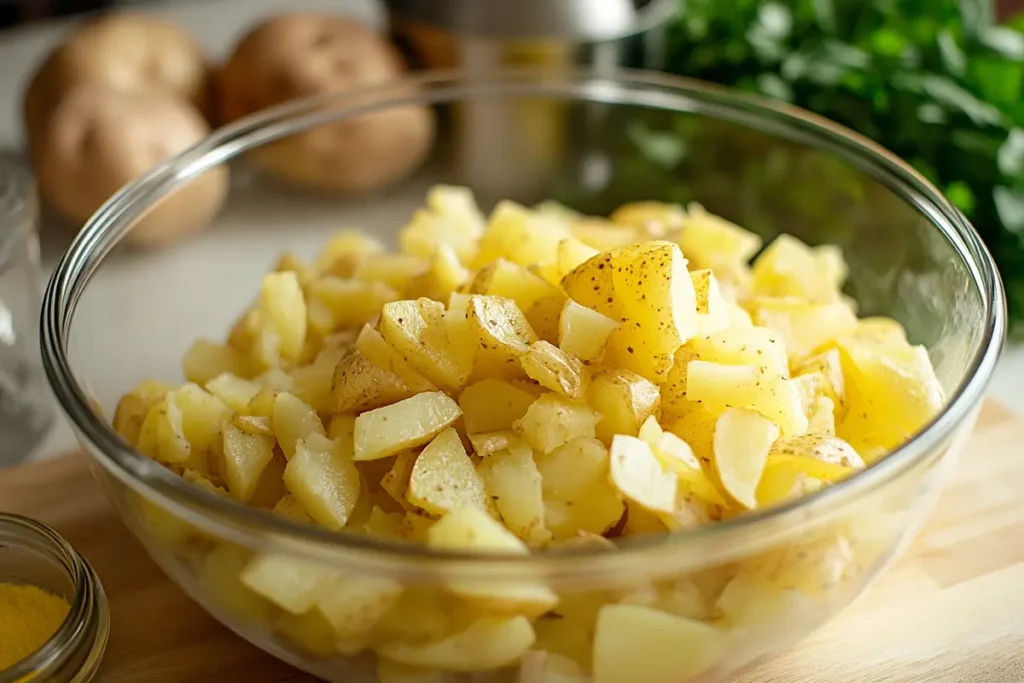 A close-up of seasoned potatoes ready for tacos.