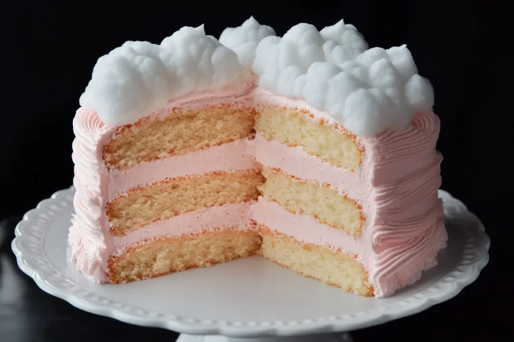 A cloud cake recipe, sliced and on a cake stand