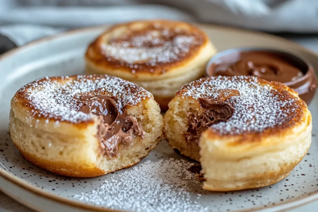 Close-up shot of stuffed pancakes with Nutella filling