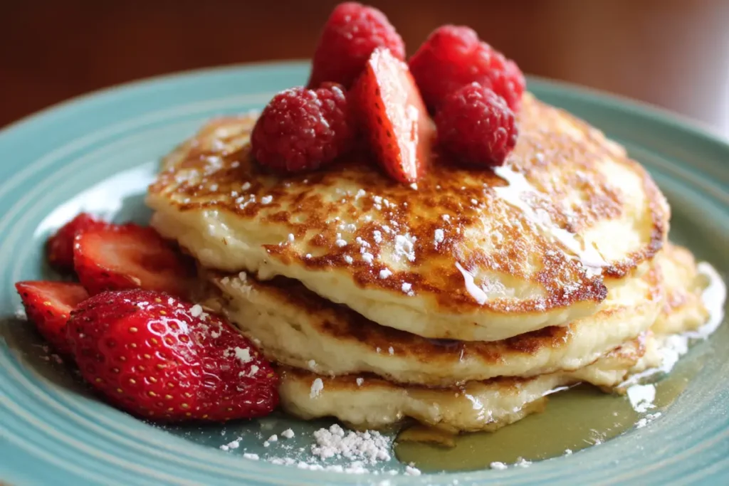 Fluffy cottage cheese protein pancakes topped with fresh strawberries, raspberries, powdered sugar, and a drizzle of syrup