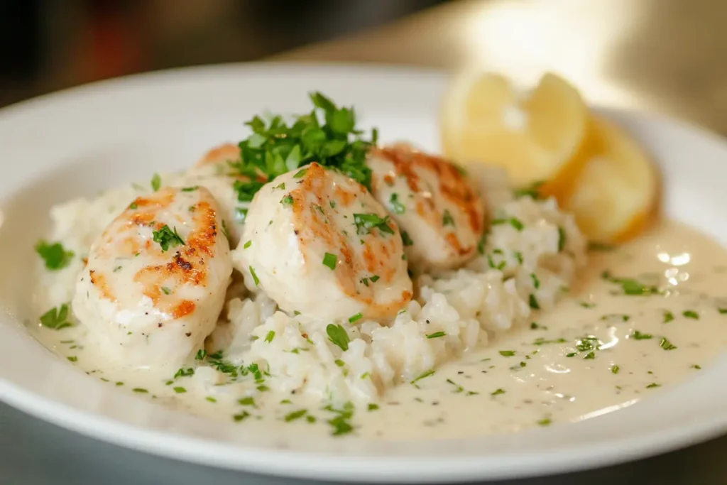 Freshly cooked Chicken scampi with garlic parmesan rice plated and ready to be served.