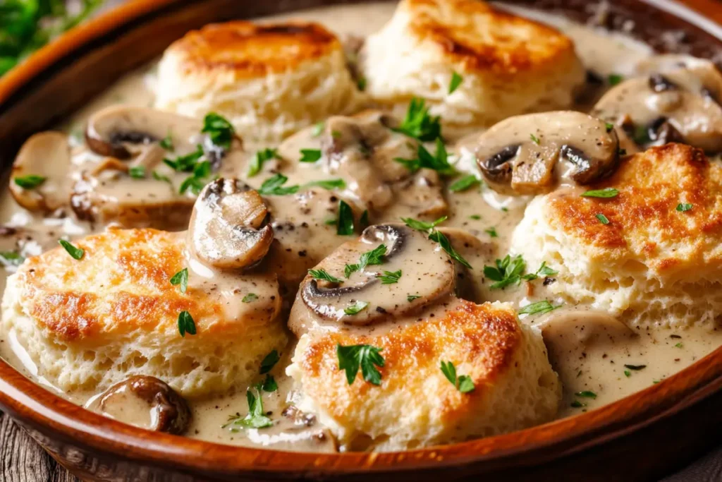 Delicious vegetarian biscuits and gravy with mushrooms.