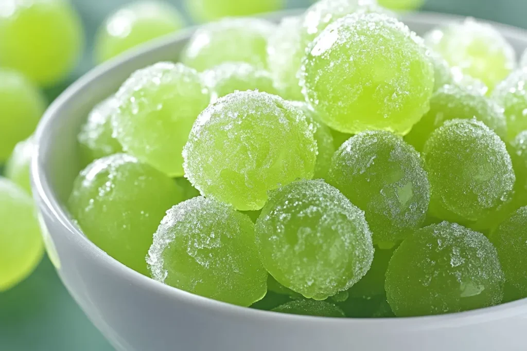 Bowl of sour frozen grapes