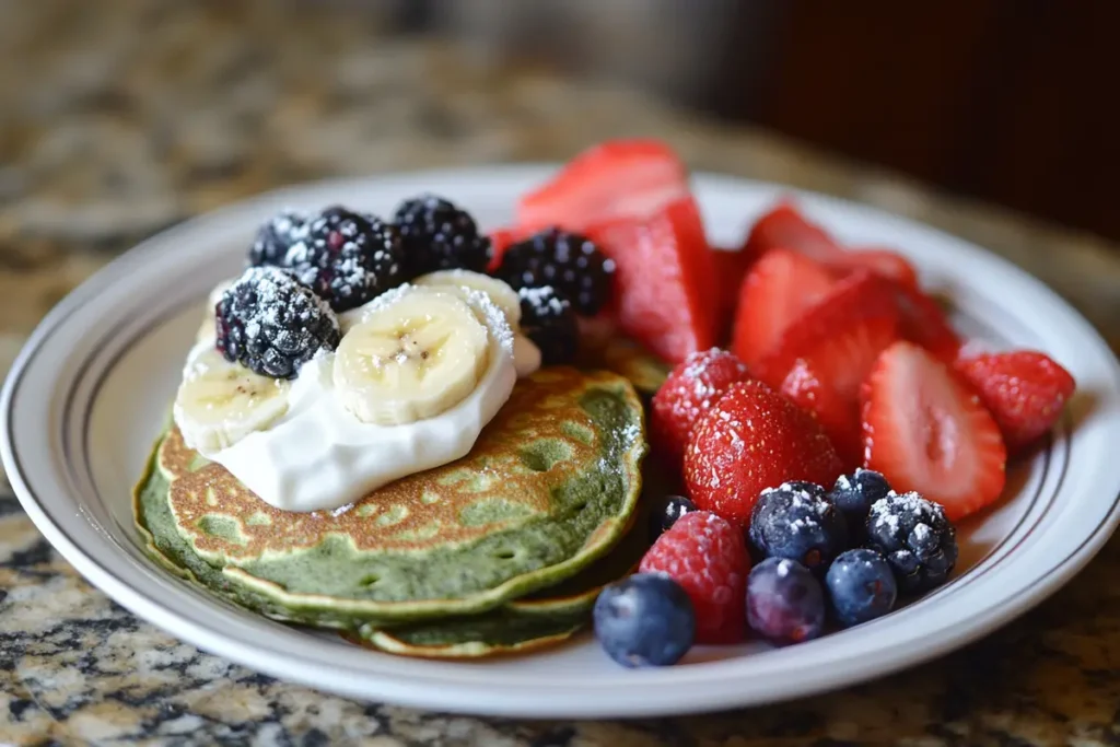 Gluten-free spinach banana pancakes with berries and a side of yogurt.