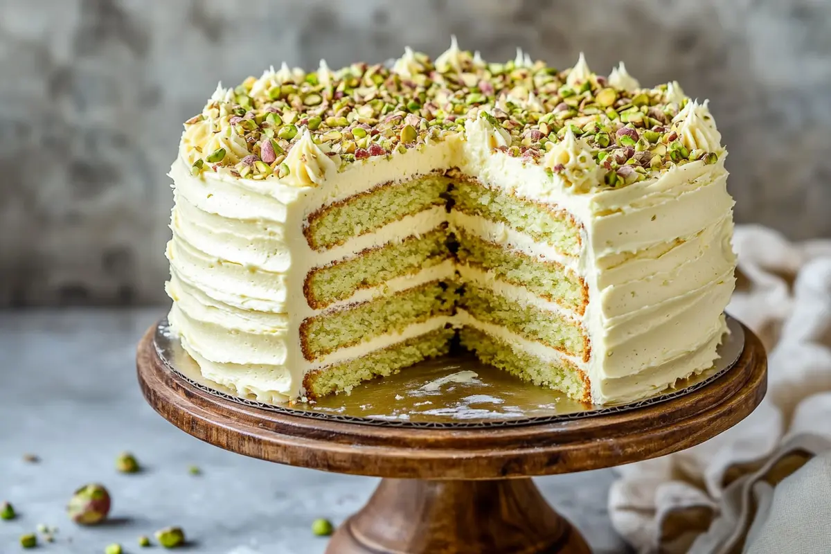 Decadent pistachio torte ready to be served.