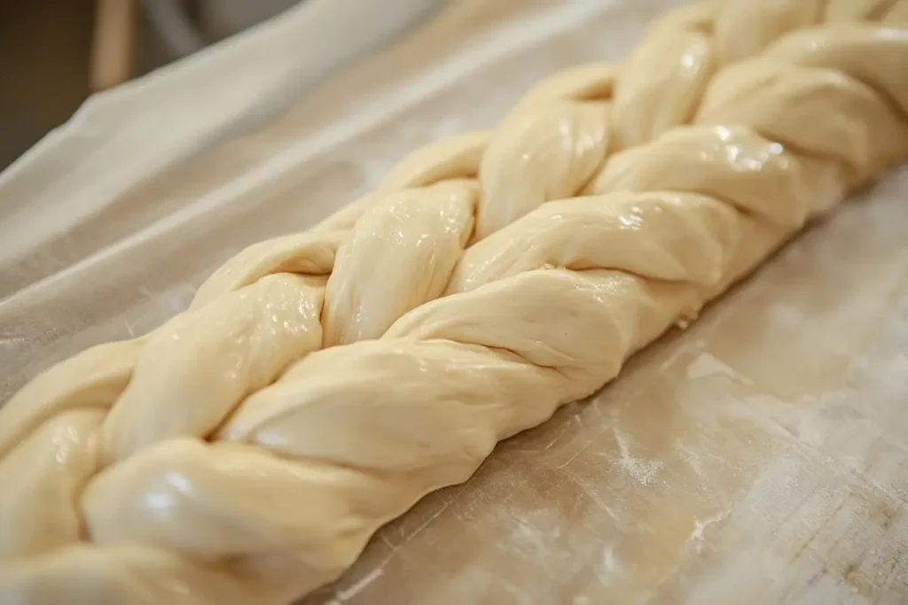 Shaping the braided chocolate chip brioche recipe dough