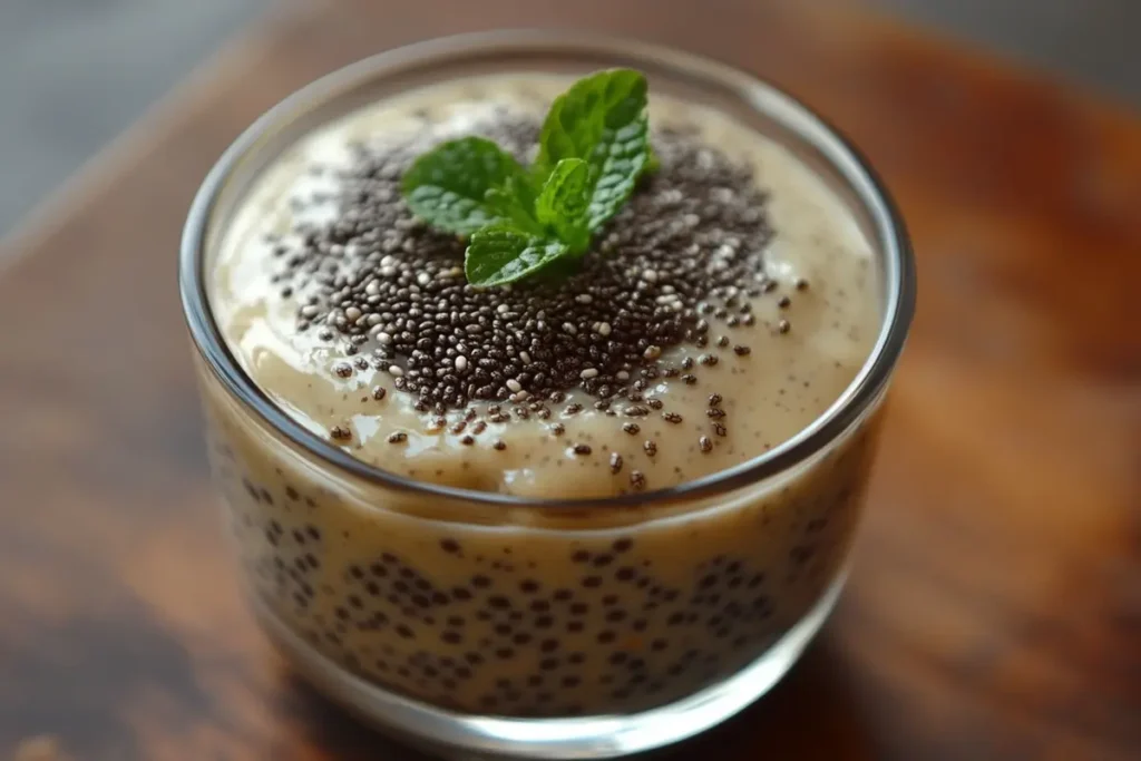 Close-up of mango chia pudding with seeds