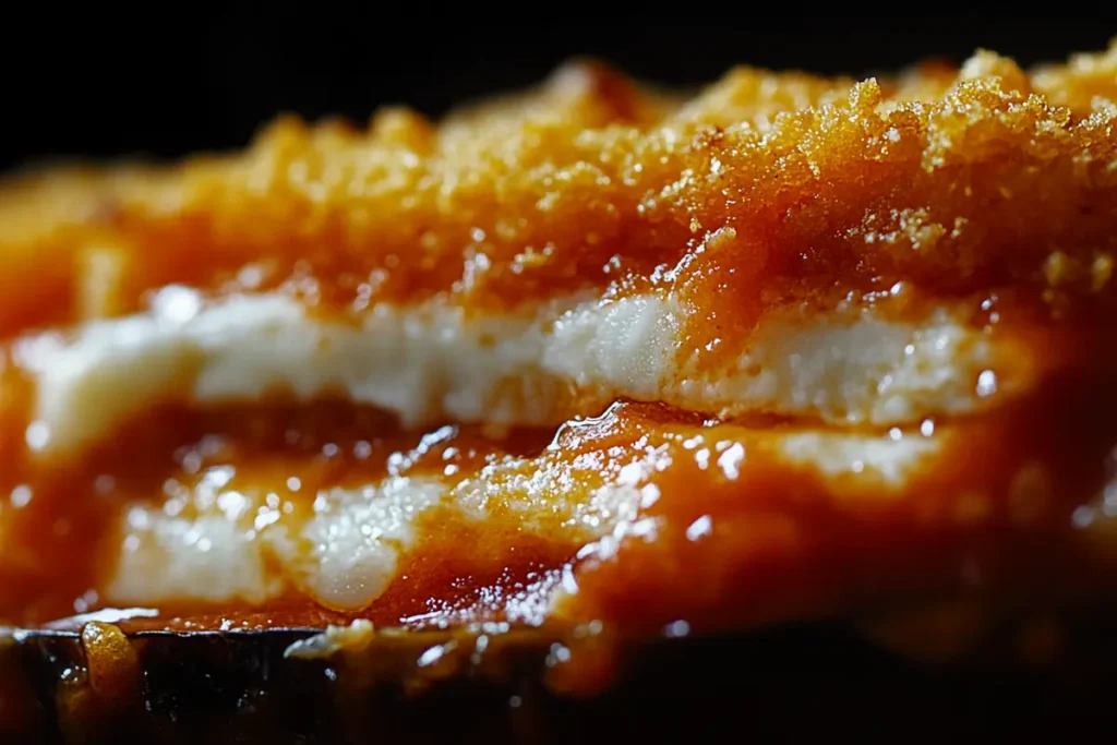 A close-up of delicious frozen eggplant parmesan.