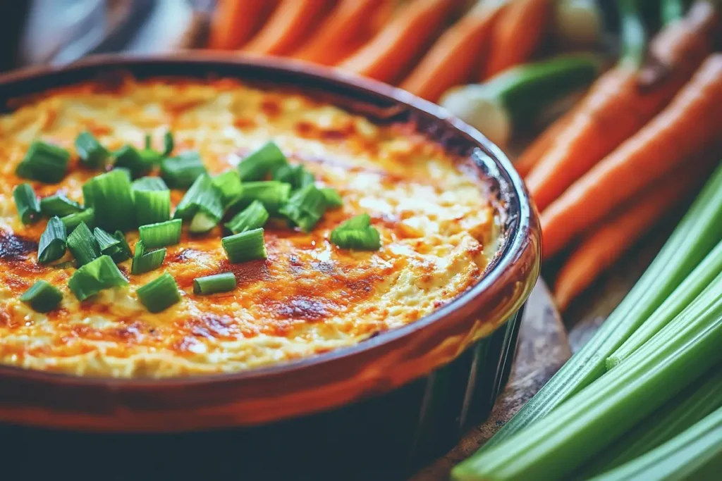 Cottage Cheese Buffalo Chicken Dip served with vegetables.