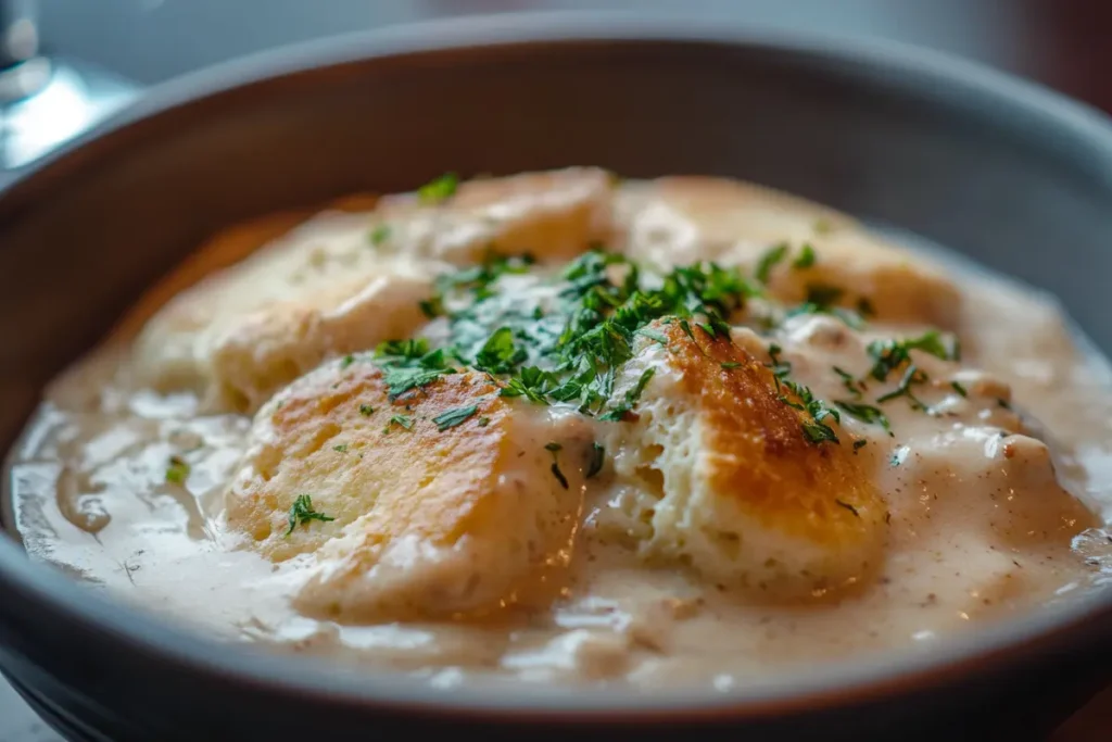 A bowl of creamy vegetarian biscuits and gravy.