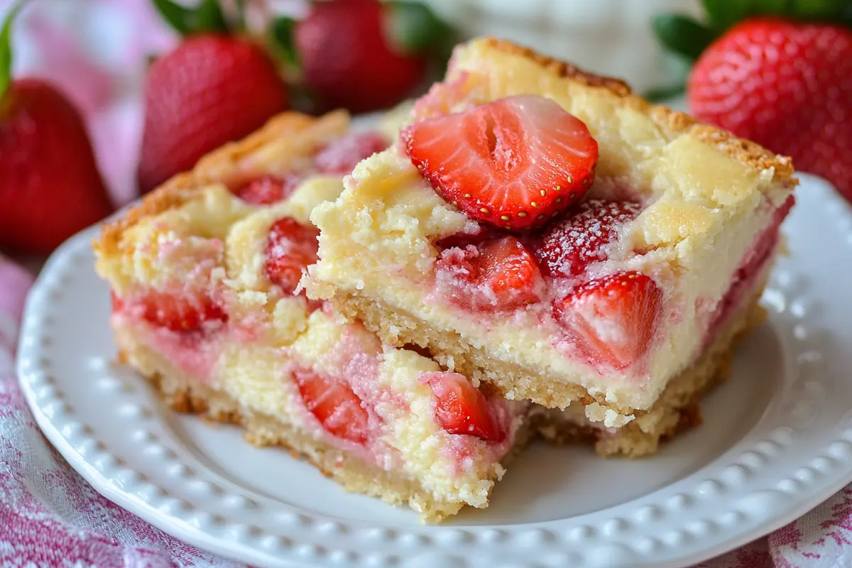 Strawberry cheesecake bars on a plate