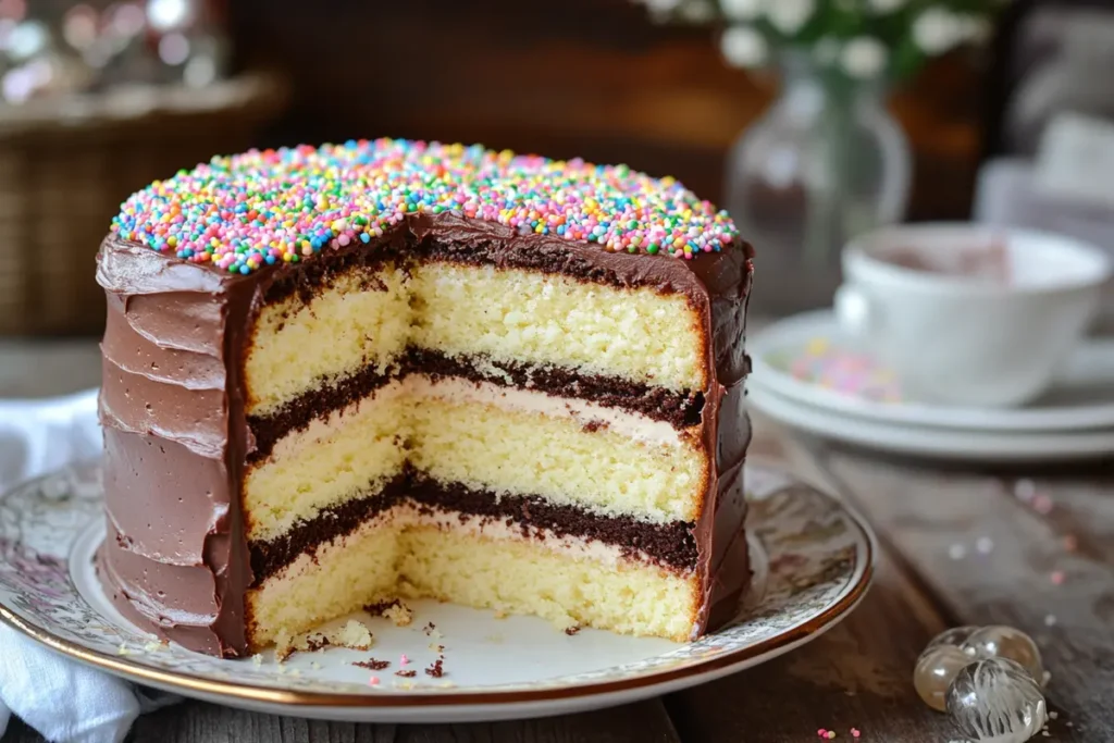 Assembled Vanilla Cake with Chocolate Frosting