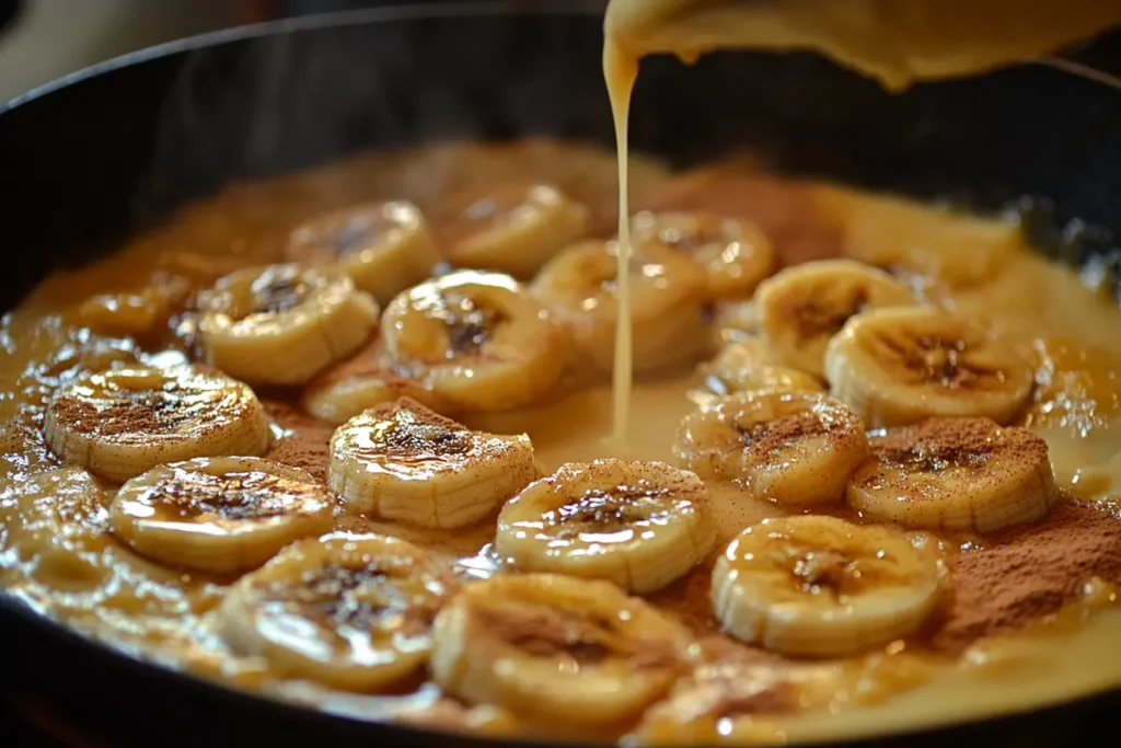 Fresh bananas foster bread pudding sauce.