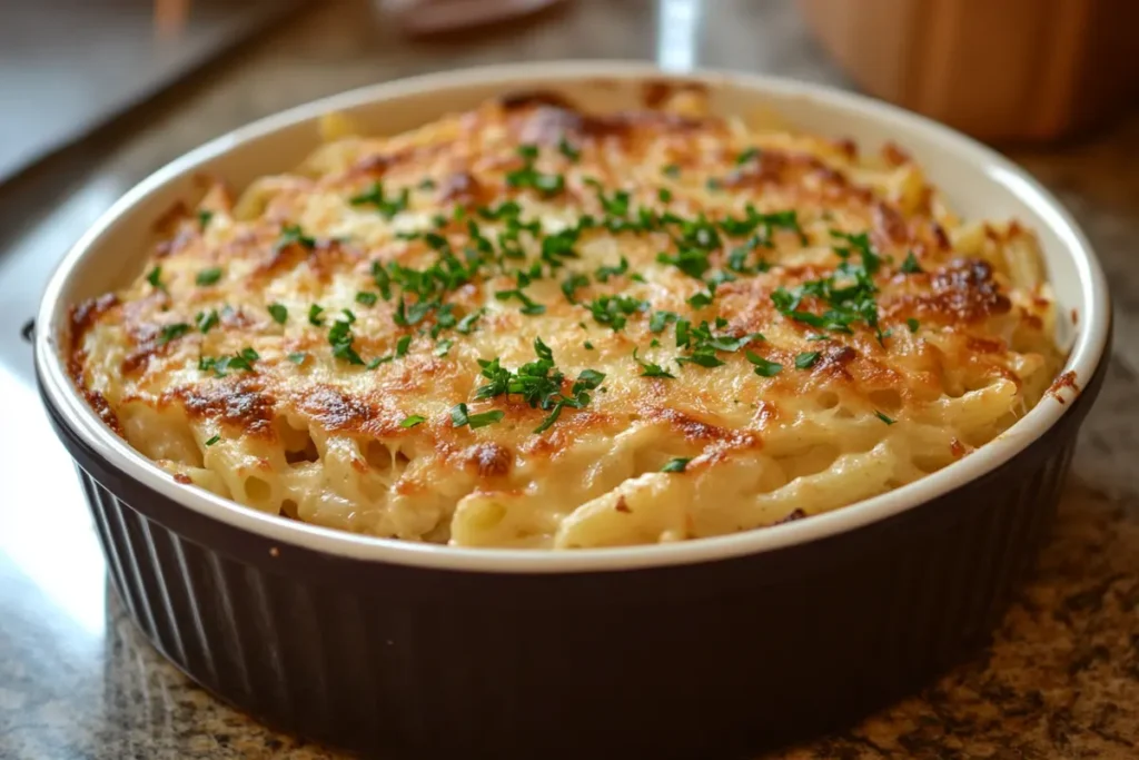 Bowl of delicious French onion pasta recipe