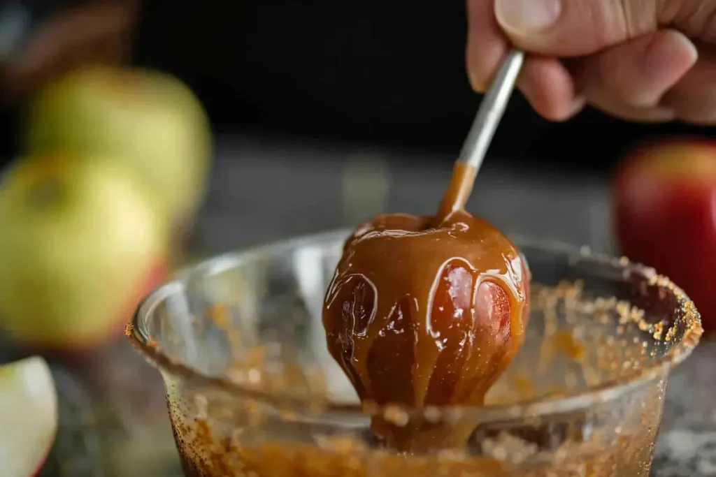 Dipping Apple Pie Caramel Apple in Coating