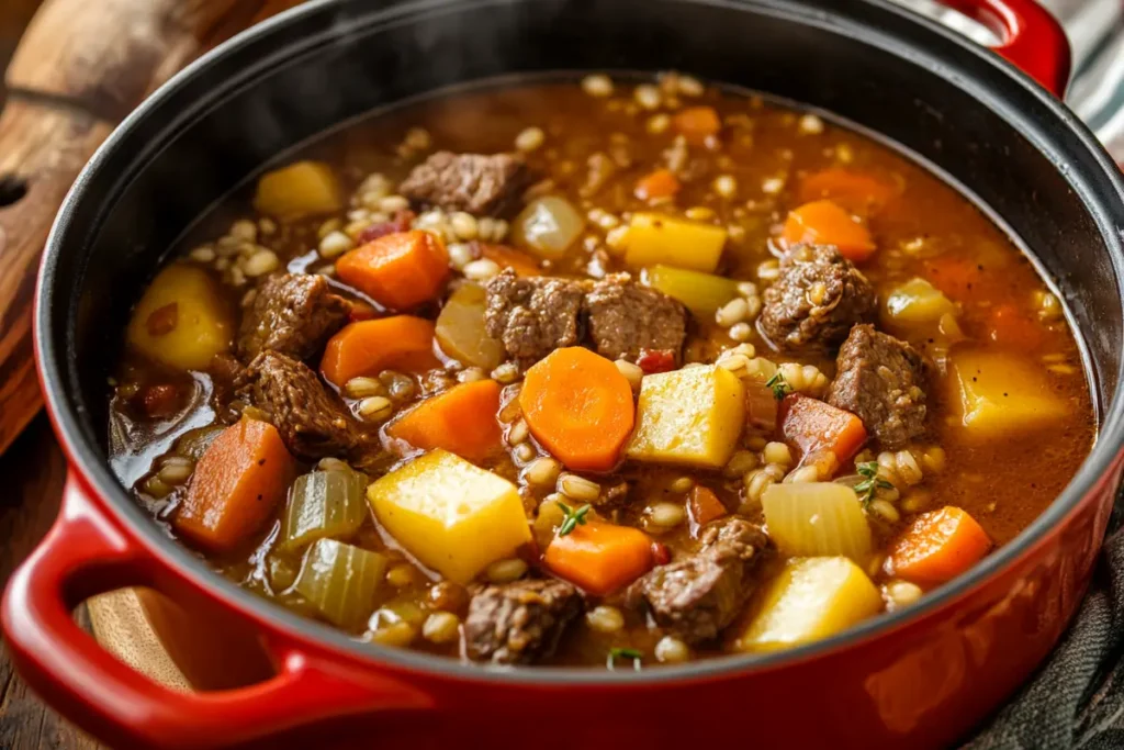 Preparing old grandma recipes beef and barley soup recipe in a Dutch oven.