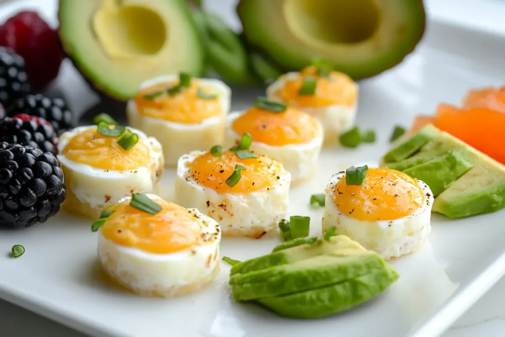 Egg white bites served with a side of fruit and avocado