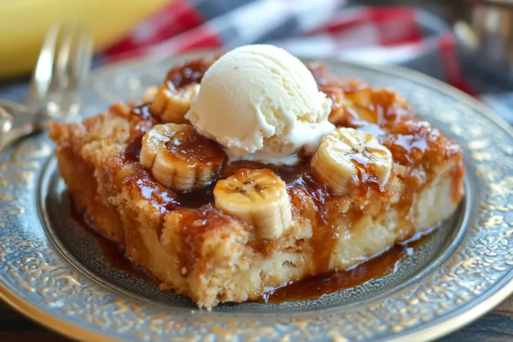 Bananas Foster Bread Pudding served with ice cream.