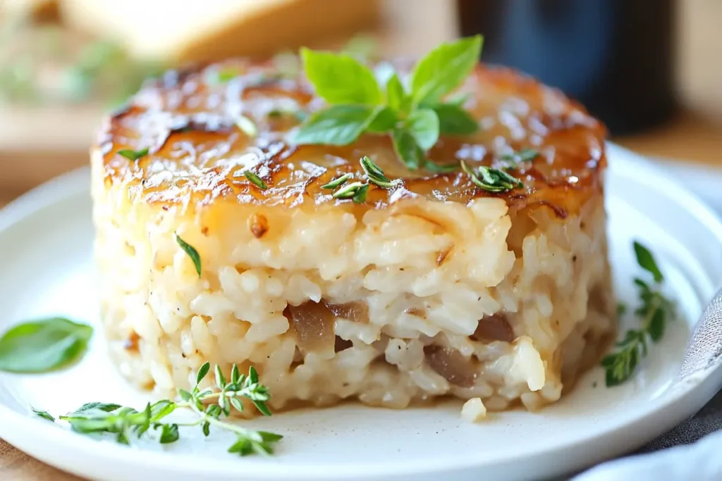 Plated French Onion Soup Rice Dish