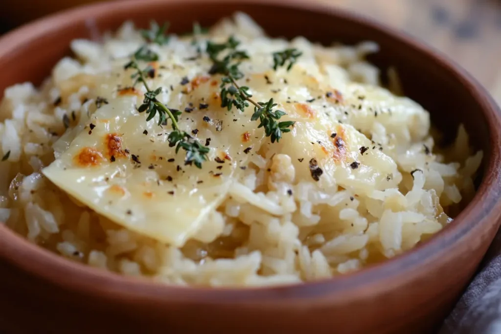 Bowl of French onion soup rice.