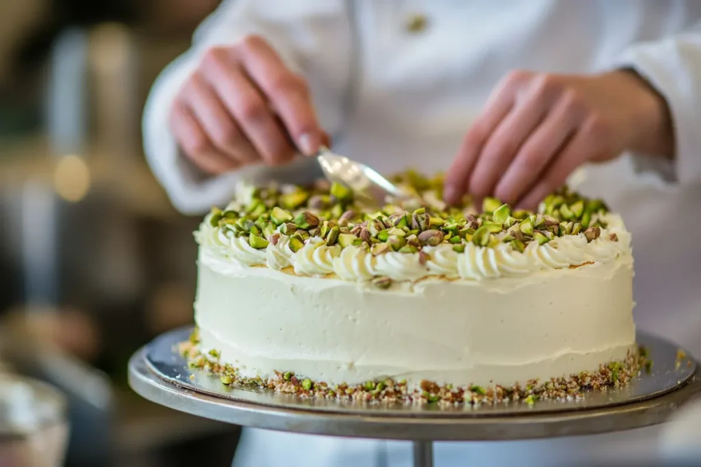 Pistachio torte being frosted with cream cheese frosting.