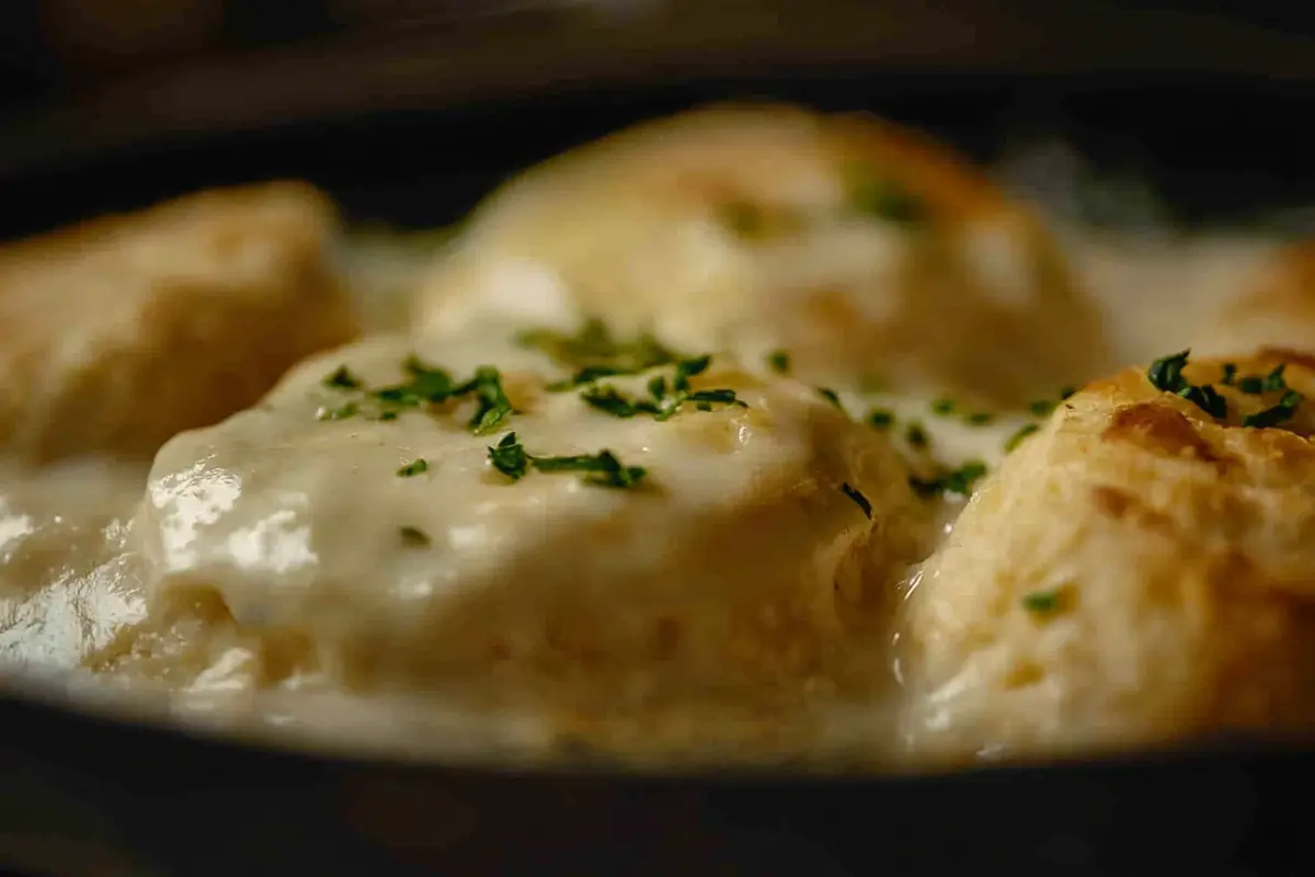 Vegetarian biscuits and gravy ready to serve.