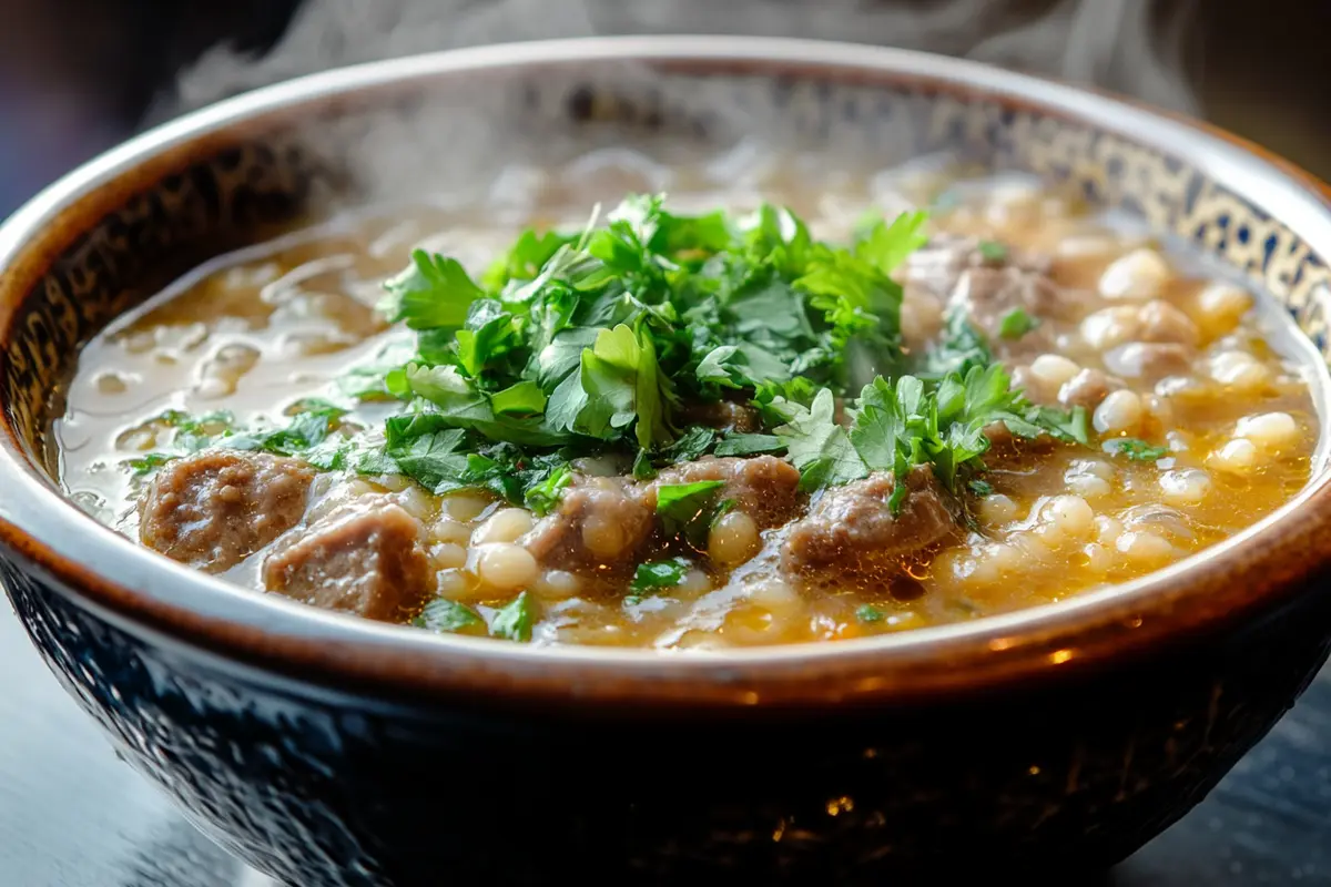 Old grandma recipes beef and barley soup recipe steaming in a bowl