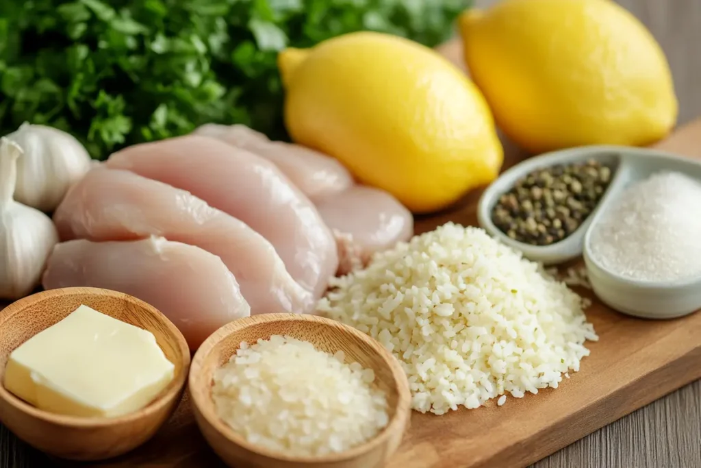 Chicken scampi with garlic parmesan rice ingredients ready to be used for cooking.