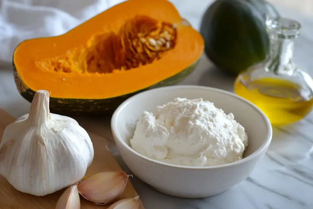 Butternut squash, ricotta, garlic and other items for pasta sauce.