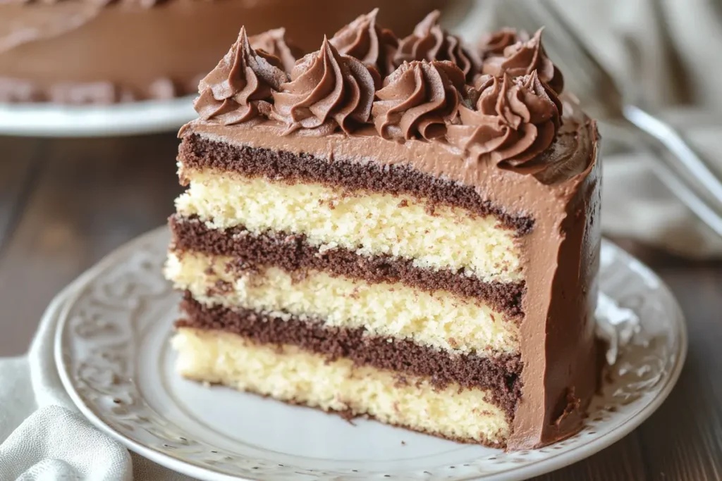 Creamy Chocolate Frosting on Vanilla Cake.