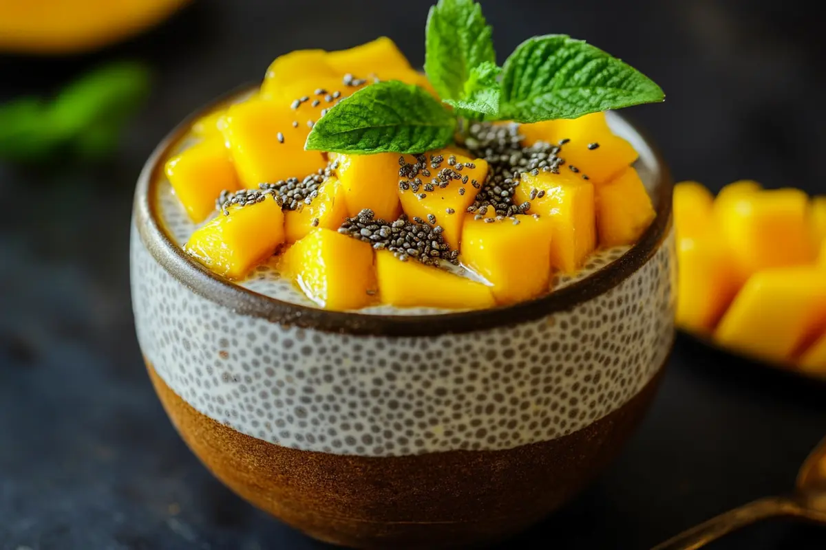 Delicious mango chia pudding in a glass