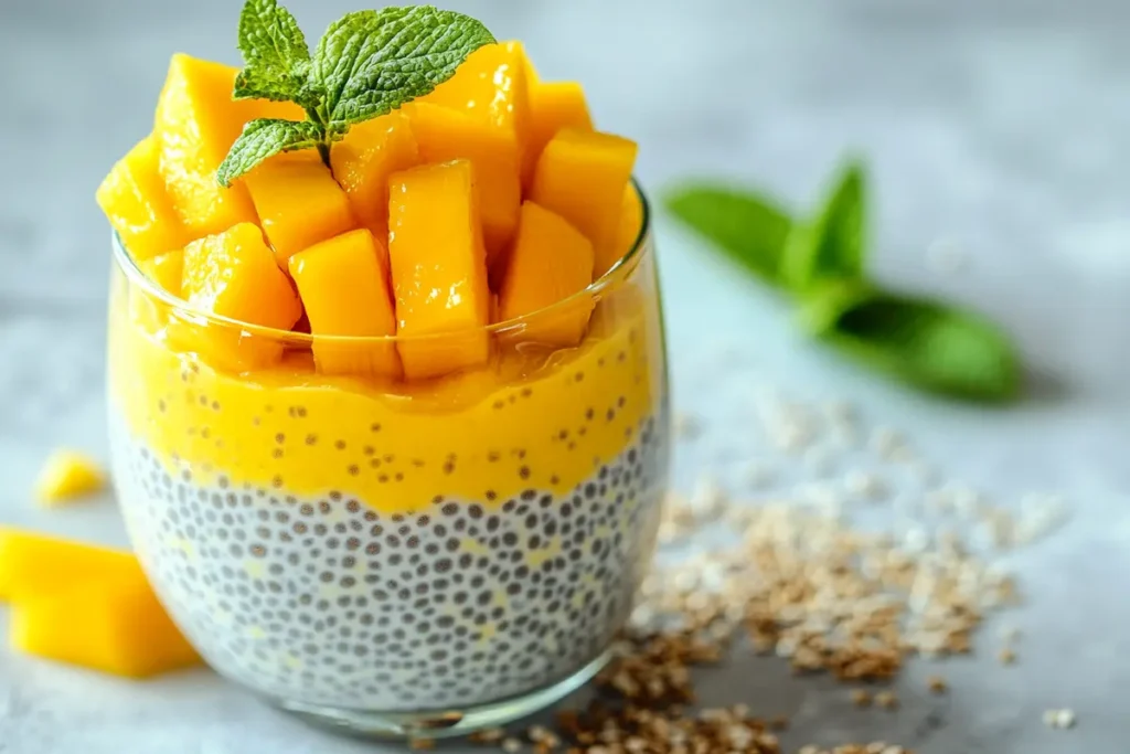 A bowl of mango chia pudding topped with fruits and nuts