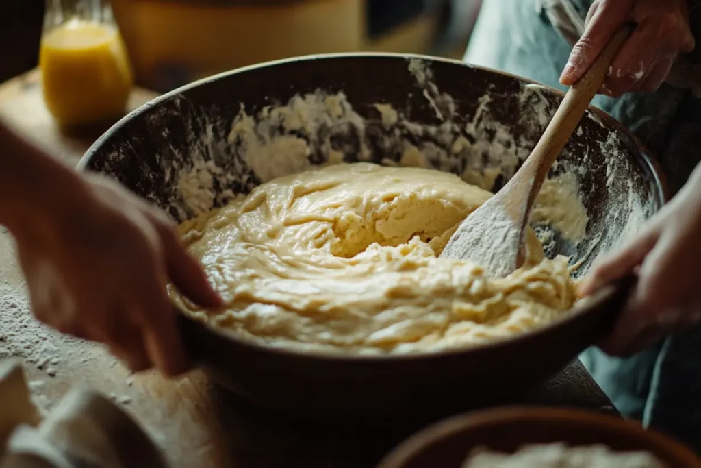 Mixing Betty Crocker pancake mix for a fluffy breakfast.