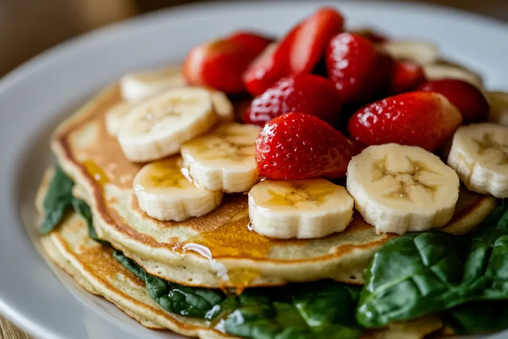 A close-up image of gluten-free spinach banana pancakes calories with toppings.