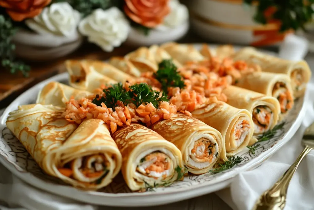 Turkey rollups recipe with pancakes on a platter.